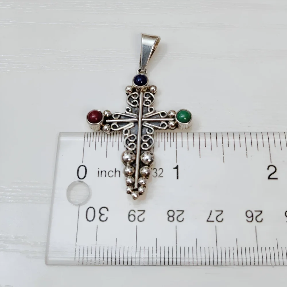 CARSI Taxco Sterling Silver Jasper Pebbled Filigree Motif Cross Pendant Necklace - Picture 5 of 10